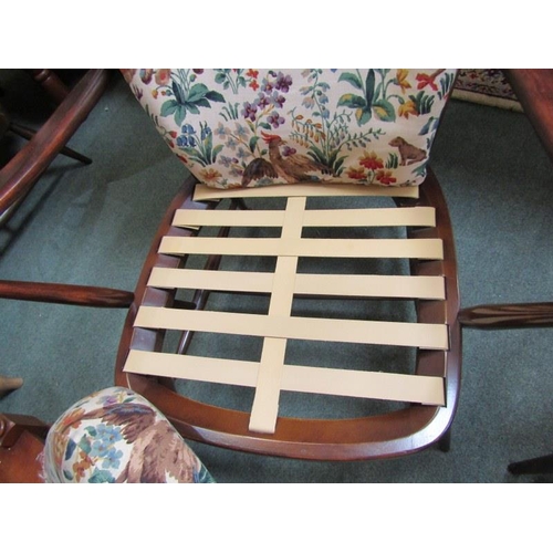 648 - 2 ERCOL STICKBACK OPEN ARM CHAIRS with bird, animal and floral cushions, (1 needs rewebbing)