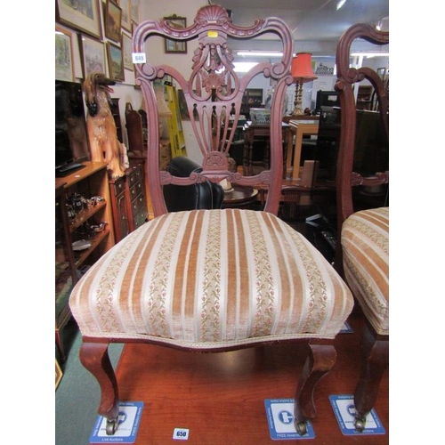 649 - 19th CENTURY SALON CHAIRS, pair of mahogany framed chairs with pierced back, upholstered seats, on c... 