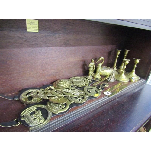 72 - BRASSWARE, collection of reproduction horse brasses, 2 pairs of brass circular based candle sticks, ... 