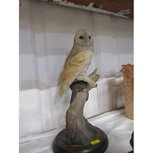 8 - BIRD FIGURES, 3 circular based sculptures by Pendragon of Kingfisher & 2 owls, maximum height 13