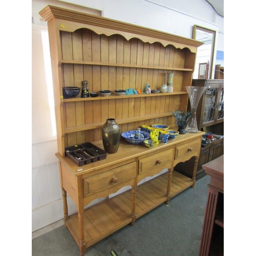 591 - QUALITY PINE DRESSER, with open shelves above, 3 drawers below, with lower pot shelf, 72