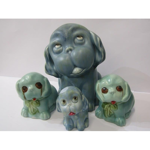 17 - RETRO POTTERY DOGS, collection of 4 comical puppies, including large blue glaze 9