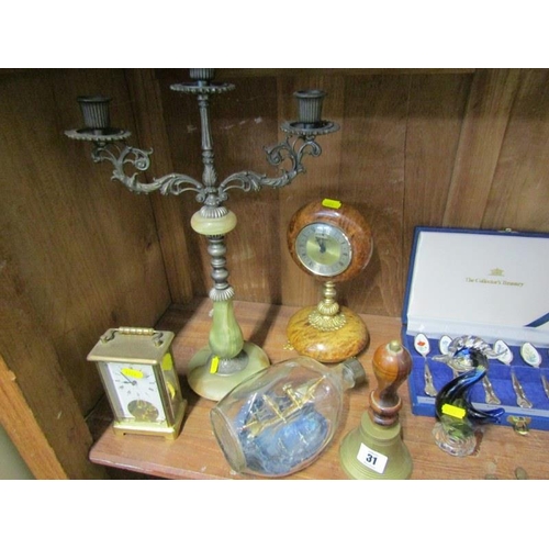 31 - VINTAGE CORKSCREW, dimple ship in bottle, brass hand bell and contents of shelf