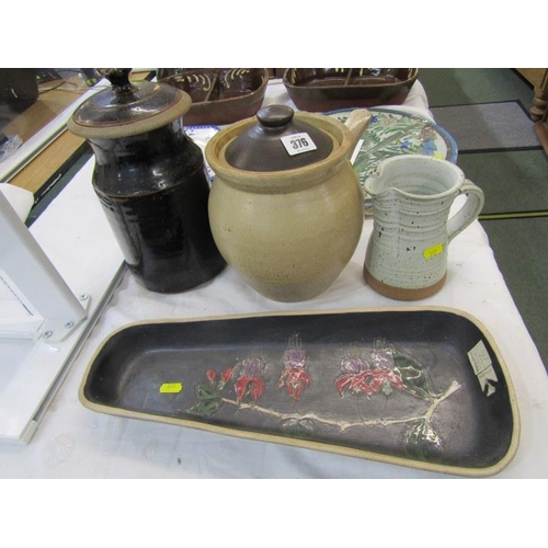 376 - STUDIO POTTERY, Marazion pottery dish side handled lidded jar, stoneware octagonal base lid jar and ... 