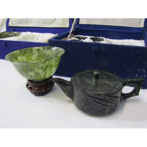 42 - ORIENTAL CARVING, cased pair of green jadeite rice bowls and similar cased 8 piece tea service