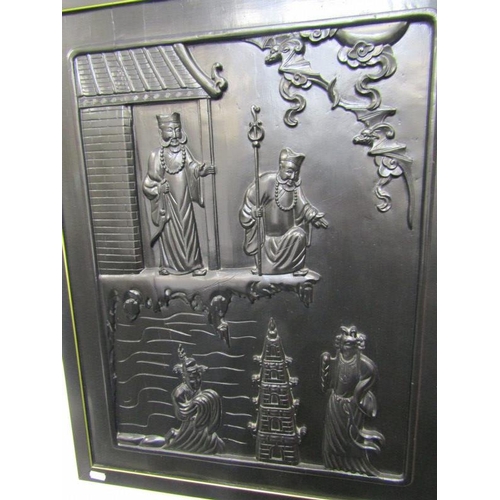 48 - EASTERN PANELS, pair of relief carved  framed Eastern panels depicting Court Garden, 23