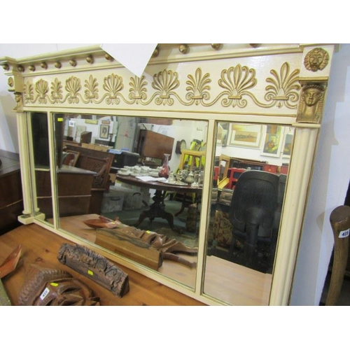 584 - OVERMANTEL MIRROR, triple bevel edged mirror in gilt and painted frame, 54