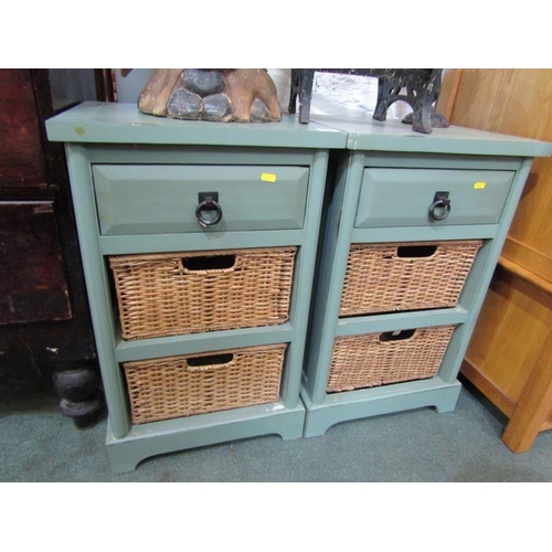 589 - PAIR OF GREEN PAINTED SIDE CABINETS, fitted 1 drawer 2 baskets below, 17