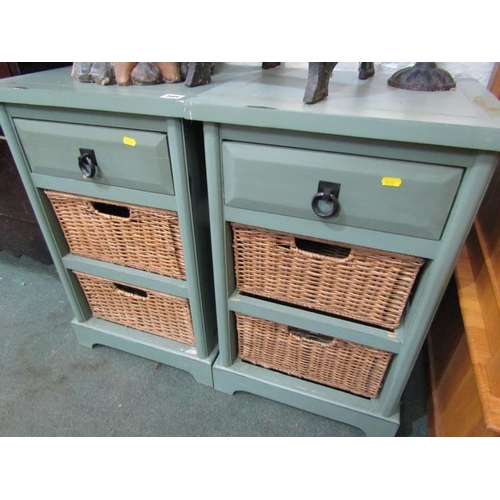 589 - PAIR OF GREEN PAINTED SIDE CABINETS, fitted 1 drawer 2 baskets below, 17
