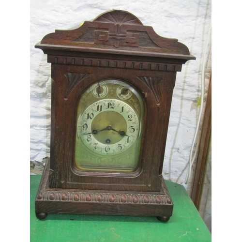 59 - EDWARDIAN BRACKET CLOCK, oak architectural cased bracket clock with bar strike movement by Junghans,... 