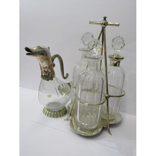 6 - DECANTERS, Victorian triple decanter set on plated stand in the style of Christopher Dresser (1 deca... 