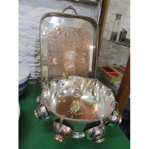 60 - SILVERPLATE, plated copper twin handled rectangular tray, plated copper punch bowl and cups and suga... 