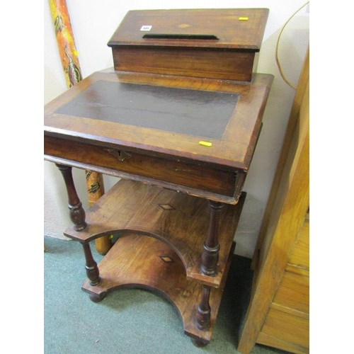 605 - 19th CENTURY ROSEWOOD DAVENPORT, with stationary box to rear, on 2 shaped shelves and turned support... 
