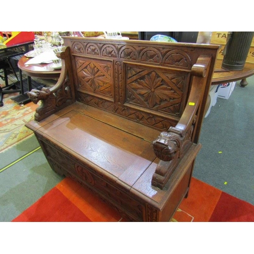 612 - CARVED BENCH SEAT with rising top & foliate carved panel back, 42