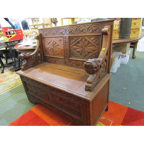 612 - CARVED BENCH SEAT with rising top & foliate carved panel back, 42