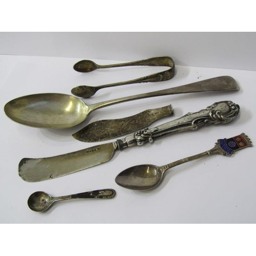 76 - SILVER CUTLERY, Victorian silver table spoon, silver tongs and other cutlery oddments, 127grms appro... 