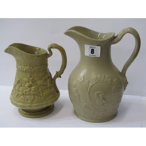 8 - VICTORIAN STONEWARE JUGS, Ridgway relief moulded 