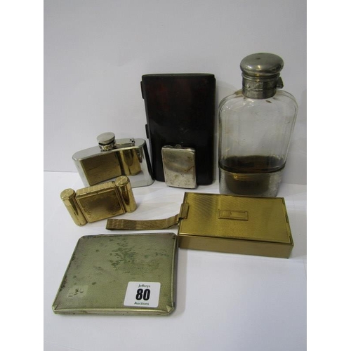 80 - COMPACTS, 2 gilded compacts, 2 hip flasks, cigarette case, match case and cigar case