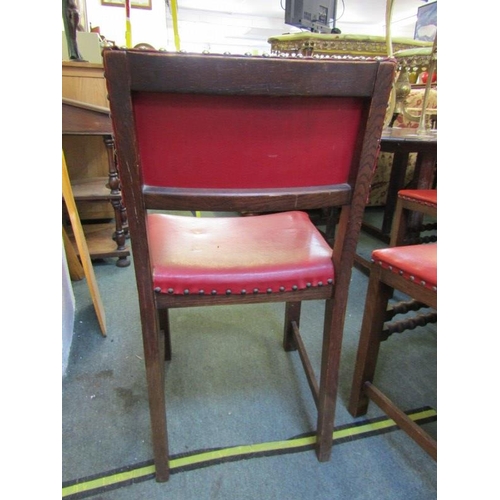 740 - DINING CHAIRS, set of 6 oak framed dining chairs with red leather effect seats and backs on turned s... 