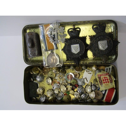 145 - BWM to PTE F Harrison A.S.C. Guf, together with a tin of assorted badges, buttons, etc. including Co... 