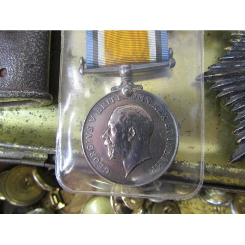 145 - BWM to PTE F Harrison A.S.C. Guf, together with a tin of assorted badges, buttons, etc. including Co... 