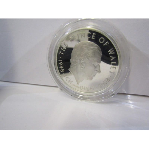22 - SILVER PROOF, Piedfort 2008 Prince of Wales five pound crown also Royal shield of arms one pound in ... 