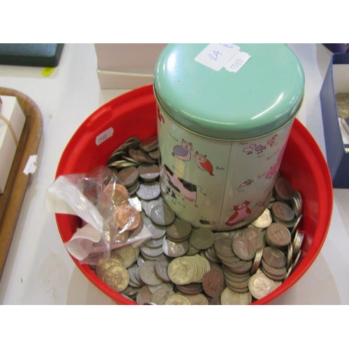 24 - WORLD COINS. tin of world coins & tub of modern shillings