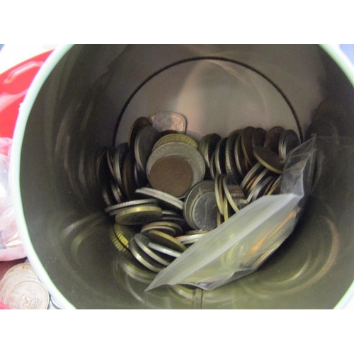 24 - WORLD COINS. tin of world coins & tub of modern shillings