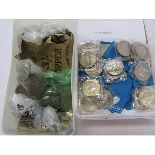 24b - MODERN GB CROWNS, Approx 34 modern crowns, also a plastic tub of mixed GB and foreign coinage