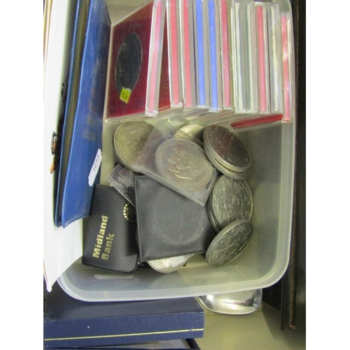 26 - CASH TIN OF GB & WORLD COINS, tub of crowns etc.
