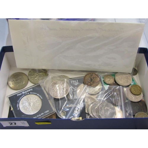 27 - SILVER DOLLARS, 1881 & 1922, 2 dollar USA bill & a collection of UK crowns, also other GB coins