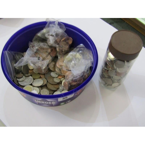 35 - JAR OF MODERN GB, 50p-5p also tub of GB and world coins