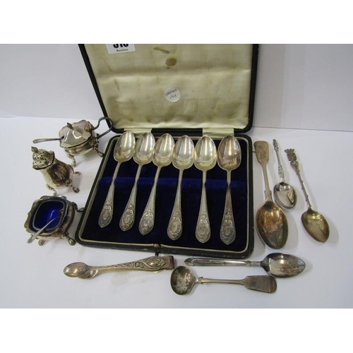 518 - CUTLERY, Mappin & Webb 3 piece condiment set, cased set of 6 silver plated ornate handled tea spoons... 