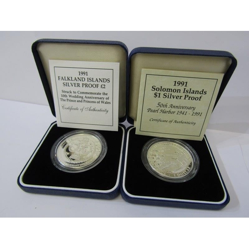 56 - SILVER PROOF 1991 £2; 10th Anniversary & 1991 Dollar Pearl Harbour cased with COA