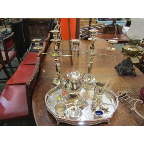 619 - SILVER PLATE, A pair of hexagonal base twin branch candelabra also plated tray, tea service and cond... 
