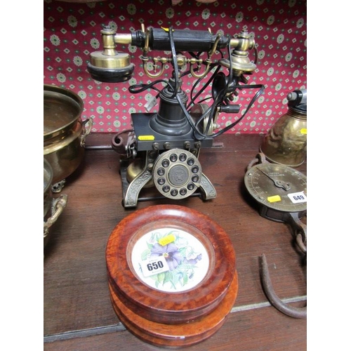 650 - VINTAGE STYLE TELEPHONE, Also 2 floral watercolour in maple frames