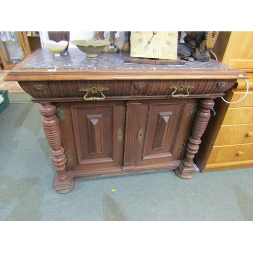 718 - 19th CENTURY OAK SIDE CABINET, with marble top, fitted 2 drawers with cupboard base and turned pilas... 