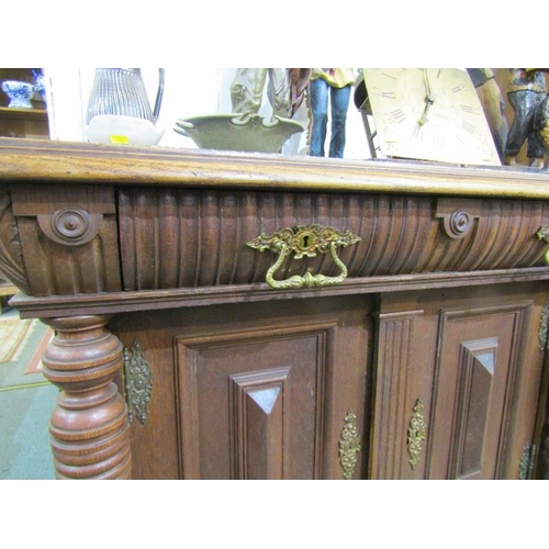 718 - 19th CENTURY OAK SIDE CABINET, with marble top, fitted 2 drawers with cupboard base and turned pilas... 