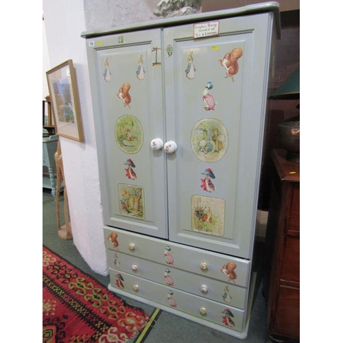 723 - PAINTED TALLBOY, A painted modern tallboy with 2 blind panel doors above and 3 drawers below with Be... 