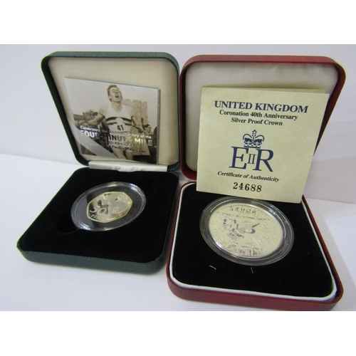 73e - SILVER PROOF 1993 FIVE POUNDS, Coronation 40th Anniversary and 2004 fifty pence, Four Minute Mile, c... 