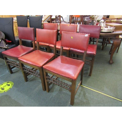 740 - DINING CHAIRS, set of 6 oak framed dining chairs with red leather effect seats and backs on turned s... 