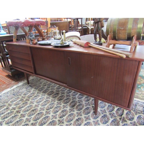 760 - RETRO SIDEBOARD, A mahogany retro sideboard with cupboard base on a bank of drawers to the left, 75