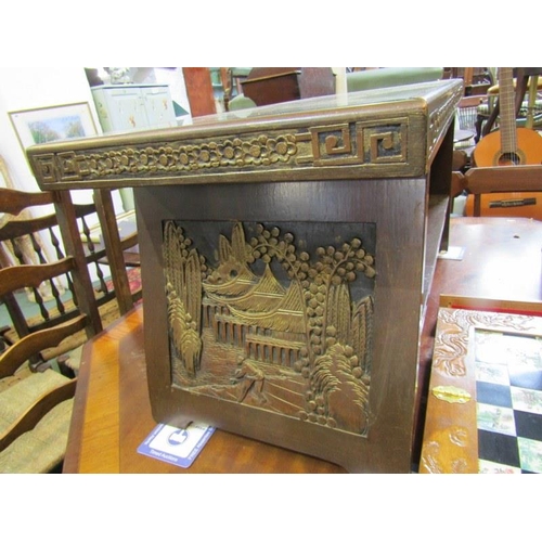 780 - ORIENTAL COFFEE TABLE, Rectangular form 2 tier coffee table the top decorated with a village scene i... 