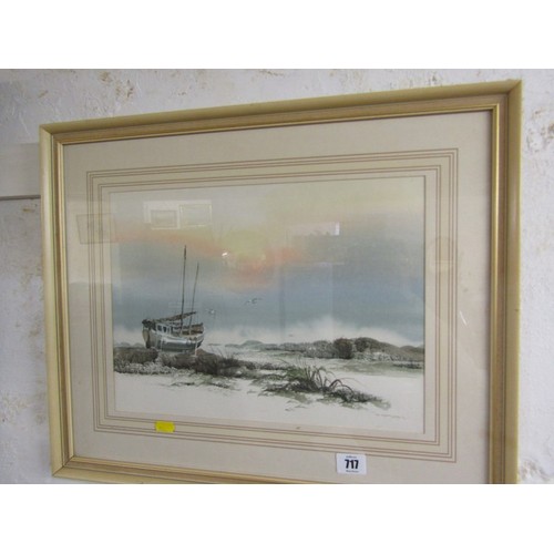717 - SIGNED WATER COLOUR, A boat beached in a cove, 11