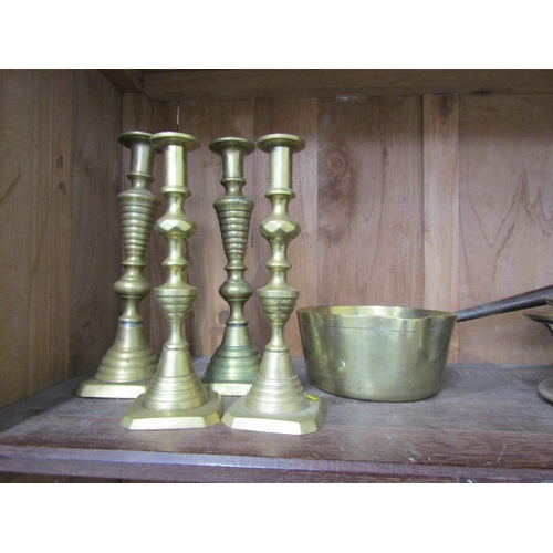 161 - METALWARE, 2 pairs of brass square base multi knop candle sticks, 11