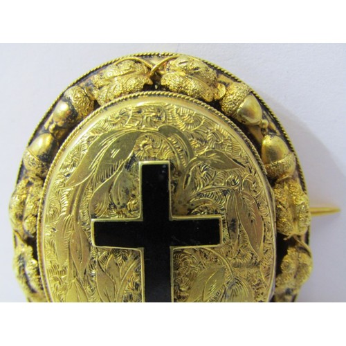 520 - 2 YELLOW METAL LOCKETS, 1 floral form with enamel cross and locket back, cross opens to reveal secon... 