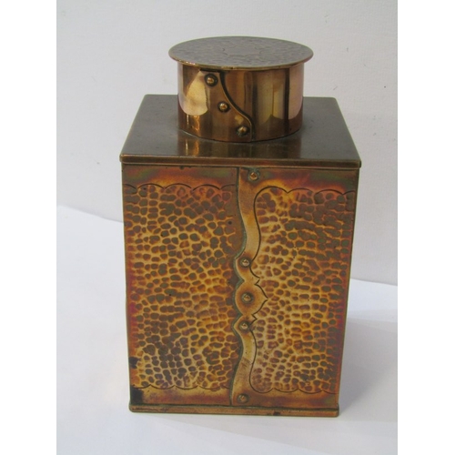 151 - NEWLYN-STYLE COPPER, square base tea caddy by H Dyer depicting St Michael's Mount, harbour and fishi... 