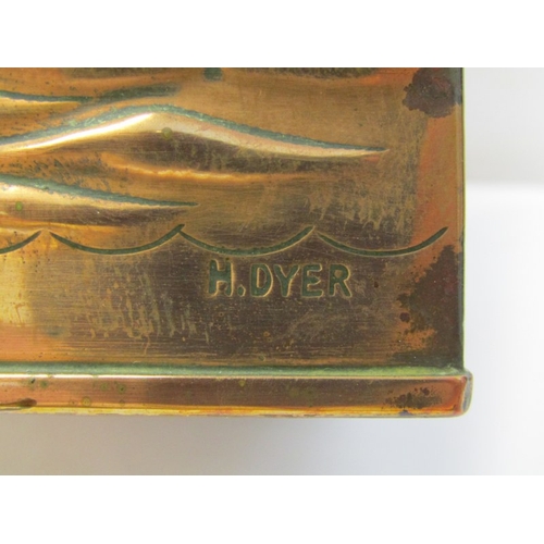 151 - NEWLYN-STYLE COPPER, square base tea caddy by H Dyer depicting St Michael's Mount, harbour and fishi... 