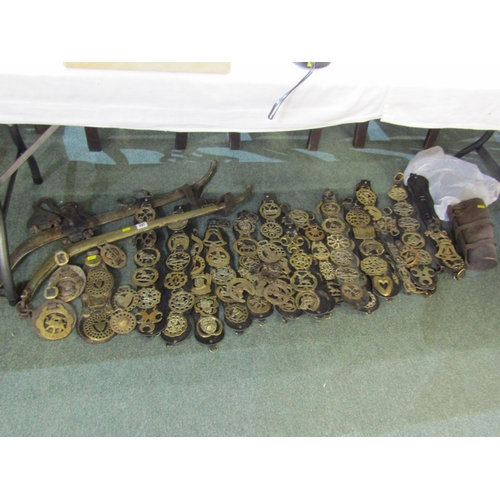 231 - BRASSWARE, pair of vintage horse hames, collection of horse brasses and pair of leather gaiters