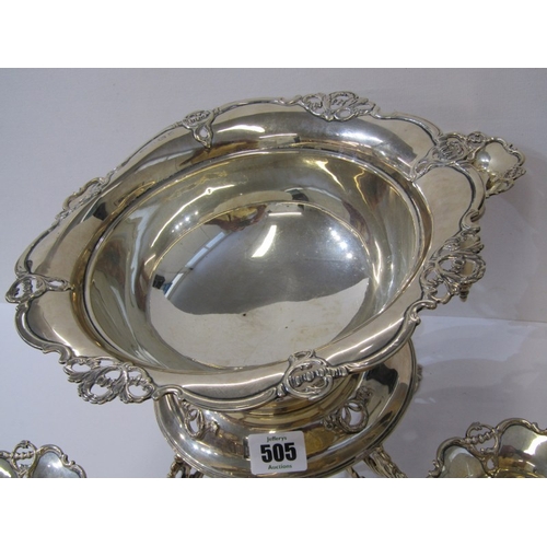 505 - ELKINGTON SILVER CENTREPIECE, 4 branch support for pierced edge circular bowl and 4 epergne flutes, ... 